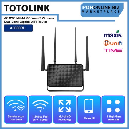 TOTOLINK A3000RU AC1200 MU-MIMO Wave2 Wireless Dual Band Gigabit WiFi Router - Unifi Time Maxis Fiber